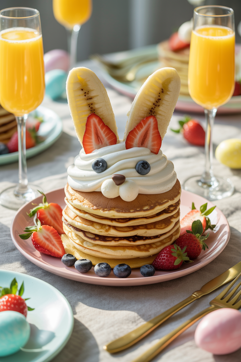 Stack of bunny-shaped pancakes topped with whipped cream, strawberries, blueberries, and banana ears, served with mimosas on a pastel Easter brunch table