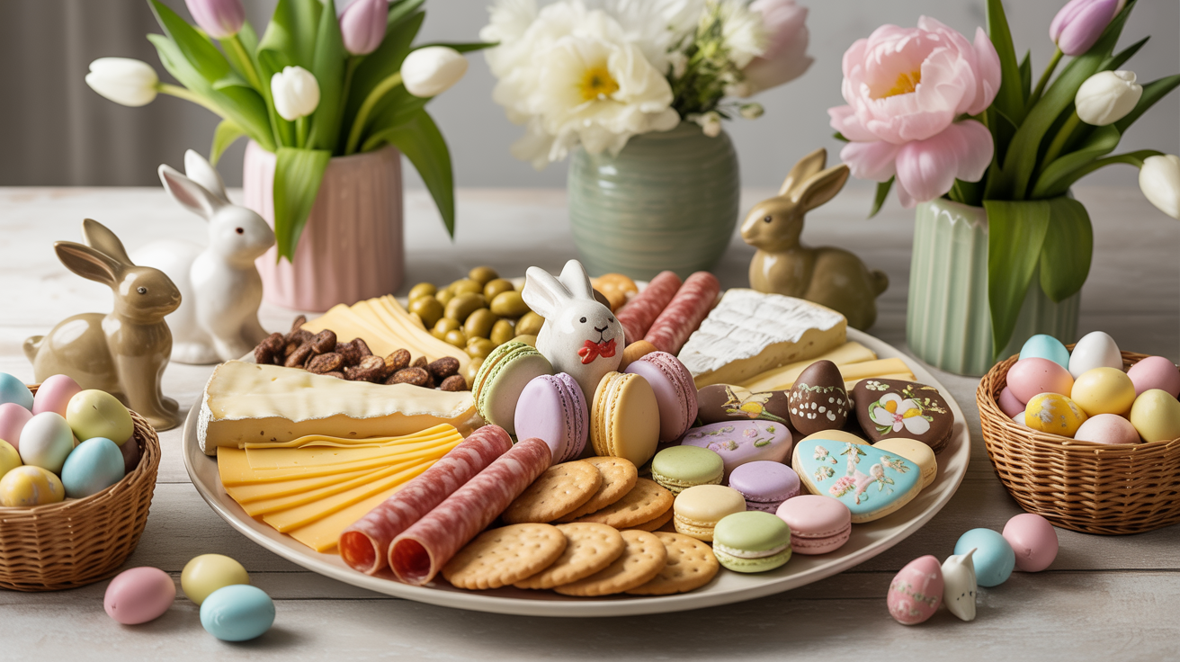 Easter Party Ideas displayed on a pastel brunch table with a charcuterie tray, ceramic bunny decor, cookies, olives, and baskets filled with pastel Easter eggs