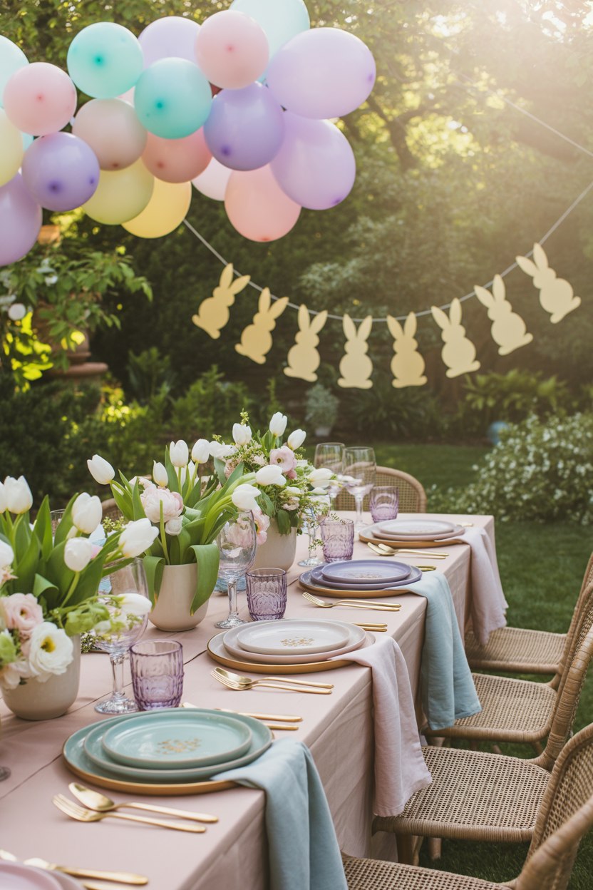 Outdoor pastel Easter party setup with soft balloon clusters, floral centerpieces, bunny garland hanging from trees, and layered spring tableware arranged on a garden brunch table