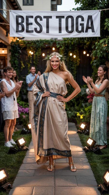 Spotlighted DIY toga fashion show with guests cheering, and one participant posing dramatically in a homemade toga.