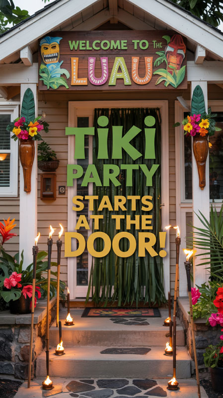 Tiki welcome sign and torches lighting a front porch Tiki welcome sign and torches lighting a front porch