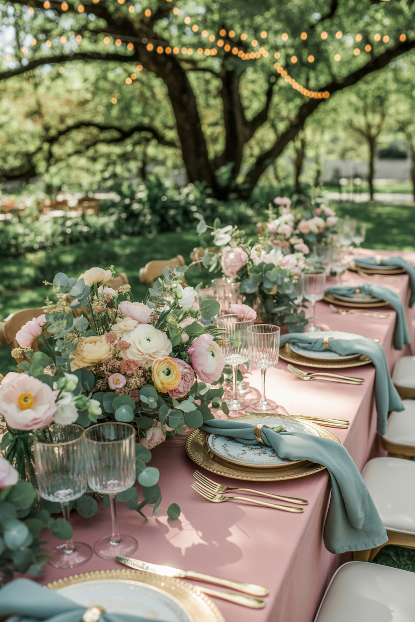 Mother’s Day garden brunch table with pink linens, floral centerpieces, and string lights outdoors<br />
Title of Image<br />
