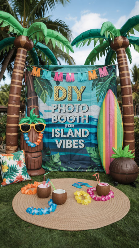 Photo booth setup with guests wearing leis and tiki props Photo booth setup with guests wearing leis and tiki props