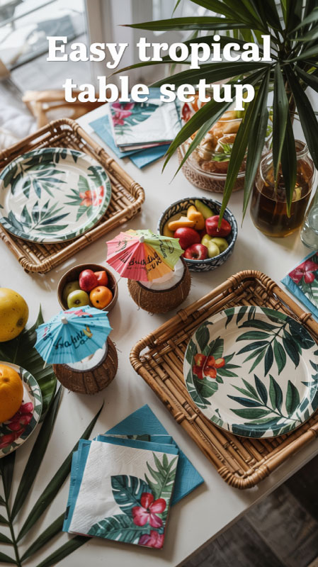 Flat-lay of tiki dinnerware, serving trays, and mini umbrellas Flat-lay of tiki dinnerware, serving trays, and mini umbrellas