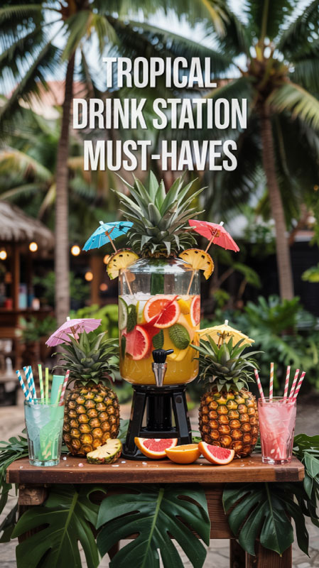 Pineapple drink station with tropical cups and straws Pineapple drink station with tropical cups and straws