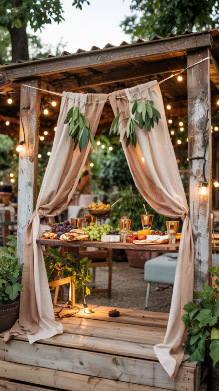 Outdoor table setup with grapes, cheese, olives, and citrus drinks in gold-rimmed cups under hanging fairy lights.