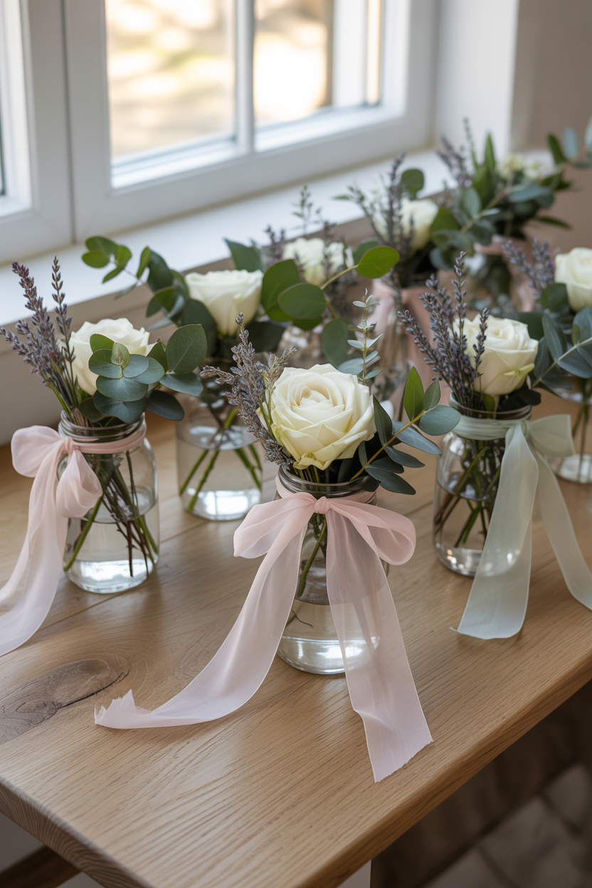 DIY flower jar centerpieces with eucalyptus, white roses, and pastel ribbons