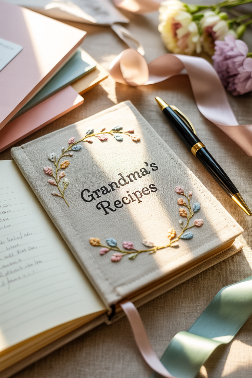 Handmade linen recipe book labeled Grandma’s Recipes with floral embroidery and gel pen