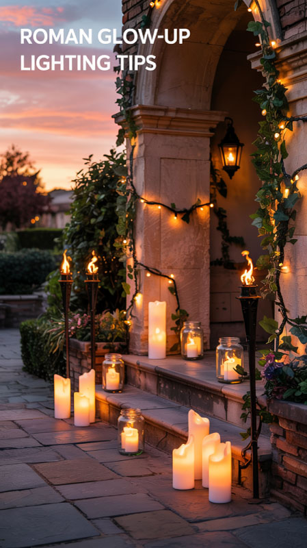 Ivy-wrapped fairy lights, faux torches, and mason jar lanterns glowing softly along a backyard path at sunset.