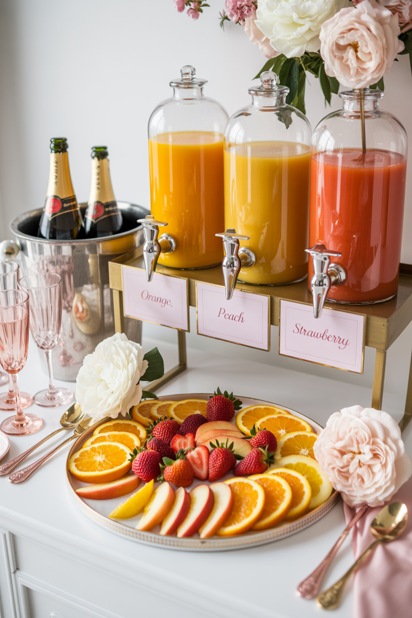 Mother’s Day mimosa bar with juice dispensers, champagne, and fresh fruit display
