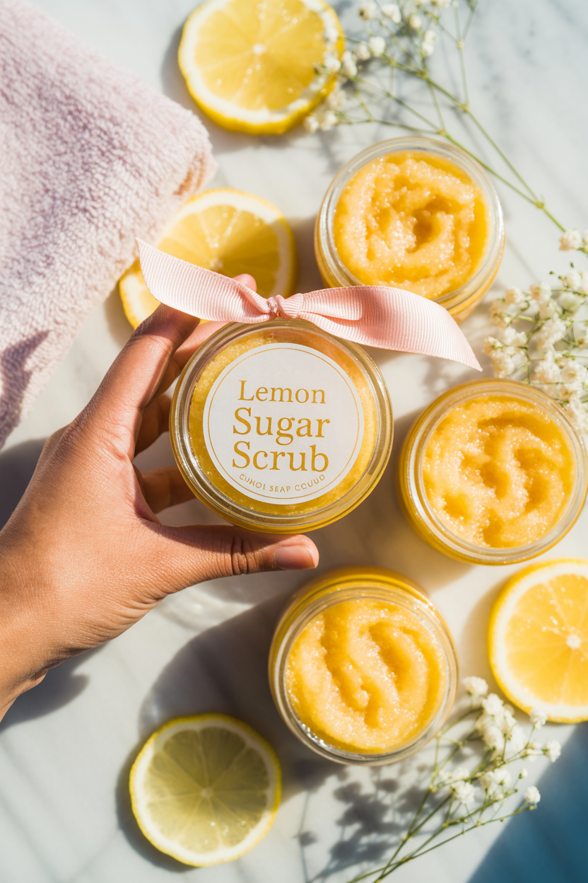 DIY lemon sugar scrub jars with pink ribbon, fresh lemon slices, and white flowers