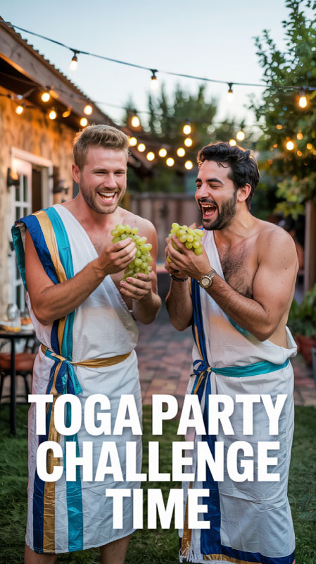 Guests in mid-laugh during a backyard grape-eating contest, with string lights above and party energy all around.