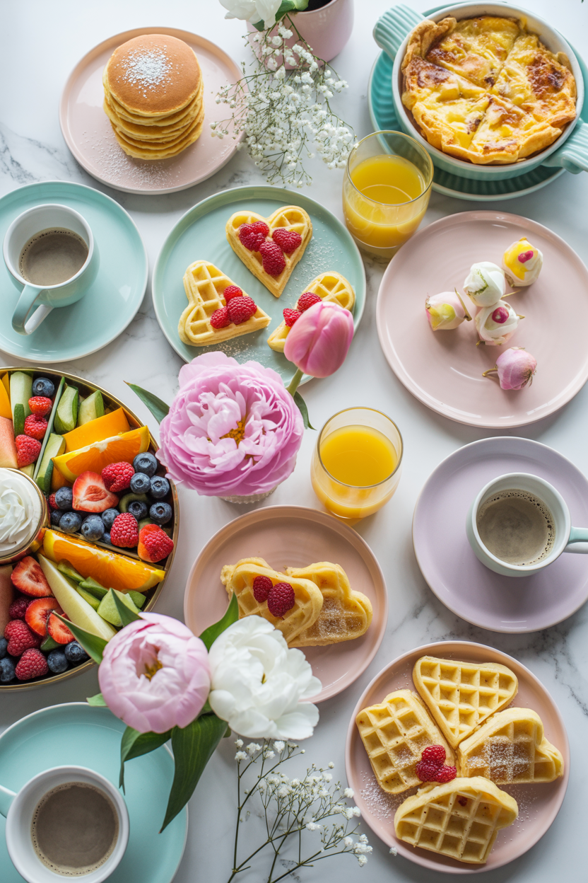 Mother’s Day brunch spread with waffles, fruit platters, coffee, and pastel dishes