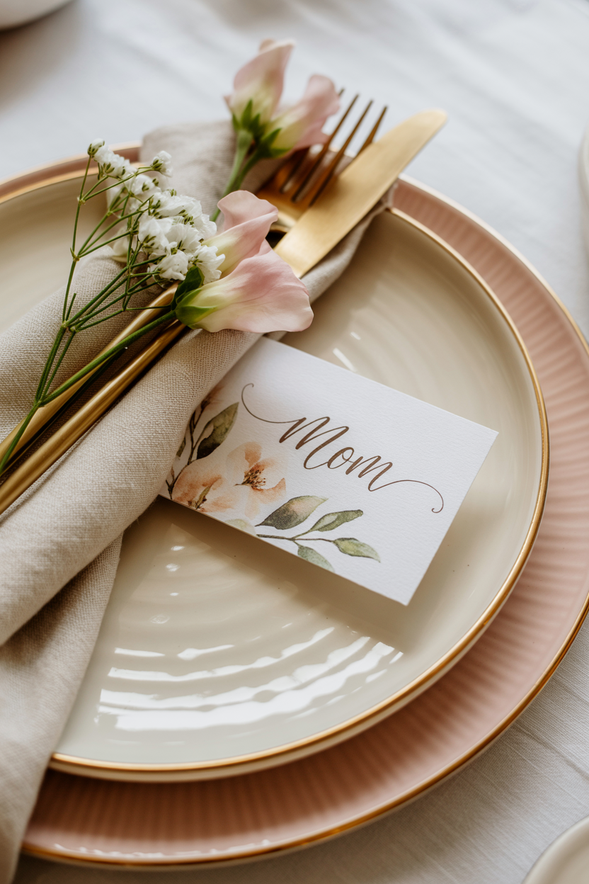 Elegant Mother’s Day place setting with floral name card and gold utensils