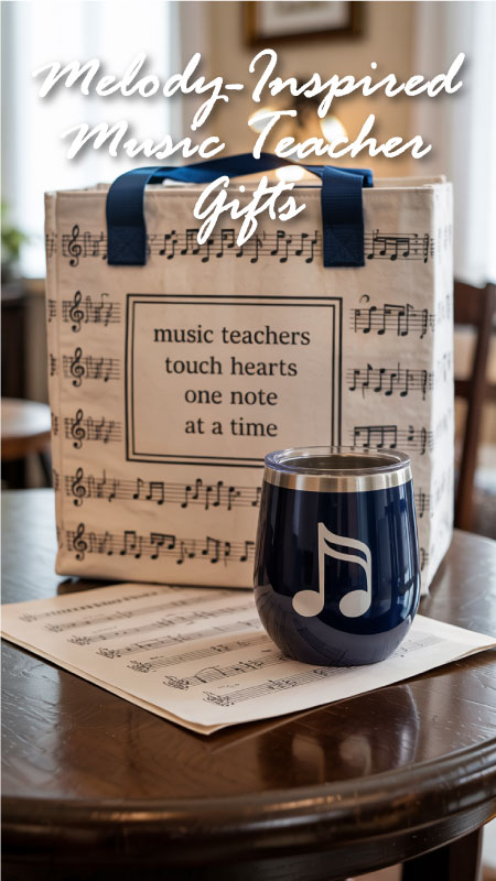 Gifts for a music teacher laid out on a piano, including themed mugs and sheet music art. Gifts for a music teacher laid out on a piano, including themed mugs and sheet music art.