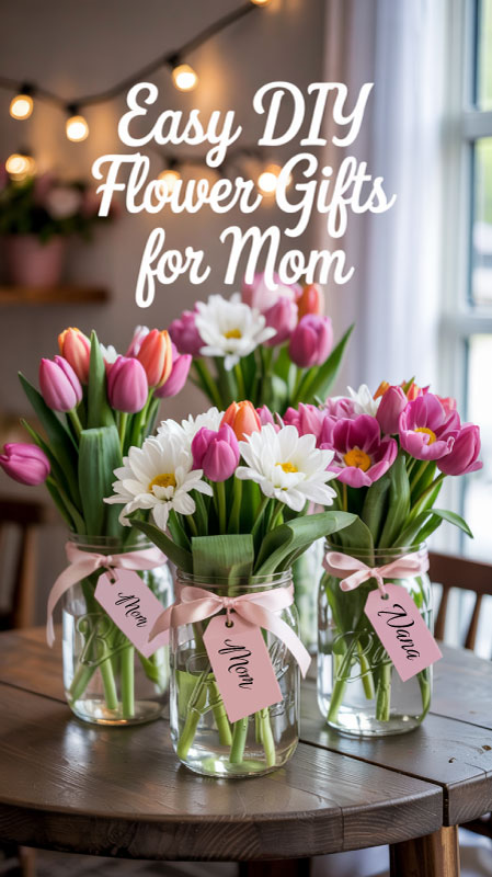 Mason jars filled with fresh spring flowers tied with pastel ribbons Mason jars filled with fresh spring flowers tied with pastel ribbons