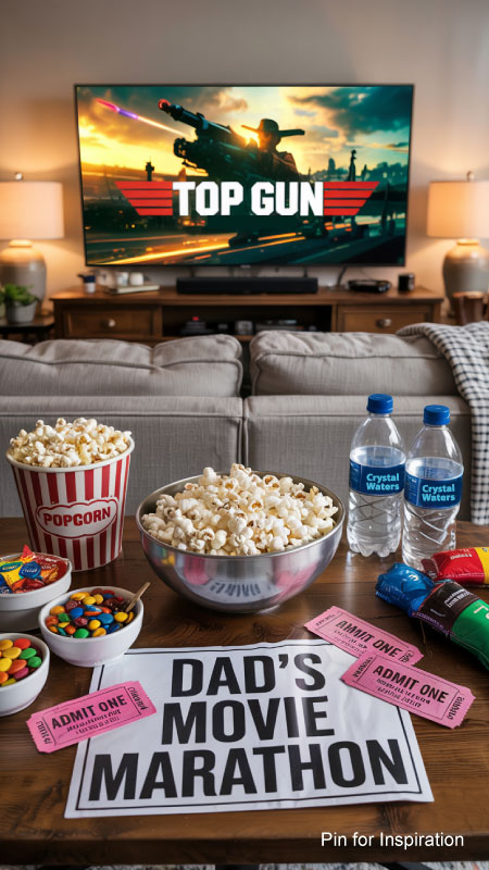 Modern Father's Day dinner table with neutral plates and cloth napkins, a stylish popcorn centerpiece with a small golf flag, neatly stacked classic movie cases like Top Gun and Indiana Jones, and a smartwatch gift box, all softly lit for a cozy, casual celebration. Modern Father's Day dinner table with neutral plates and cloth napkins, a stylish popcorn centerpiece with a small golf flag, neatly stacked classic movie cases like Top Gun and Indiana Jones, and a smartwatch gift box, all softly lit for a cozy, casual celebration.