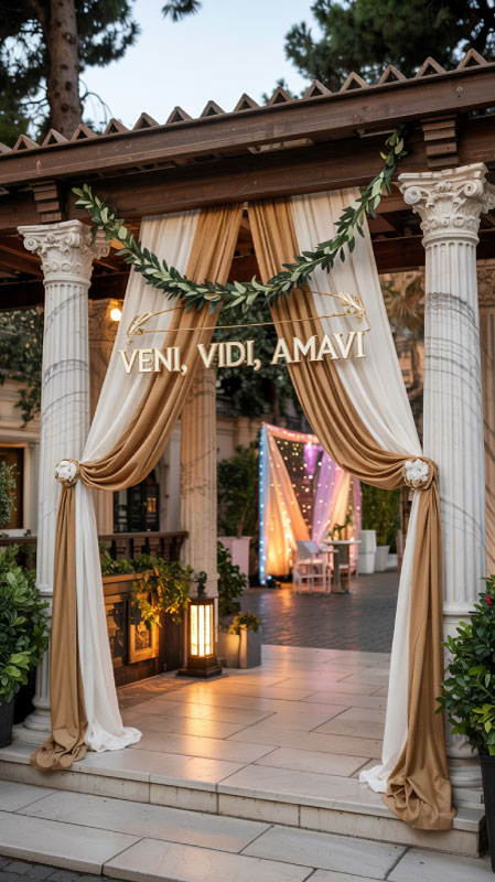 White and gold toga party entrance with Roman columns, ivy garlands, and a cheeky “Veni, Vidi, Vino” sign under warm lighting.