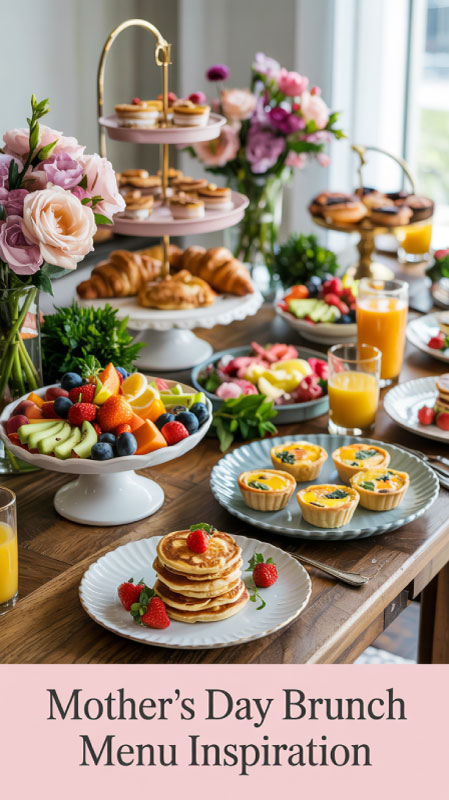 Brunch table with quiche, mini pancakes, fruit platters, and pastries. Brunch table with quiche, mini pancakes, fruit platters, and pastries.