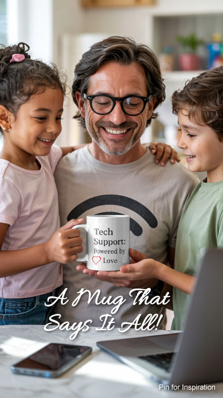 Kids giving dad a custom “tech support” mug in the kitchen Kids giving dad a custom “tech support” mug in the kitchen