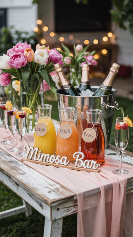Mimosa bar with colorful juices, champagne, fruit garnishes, and handwritten labels. Mimosa bar with colorful juices, champagne, fruit garnishes, and handwritten labels.