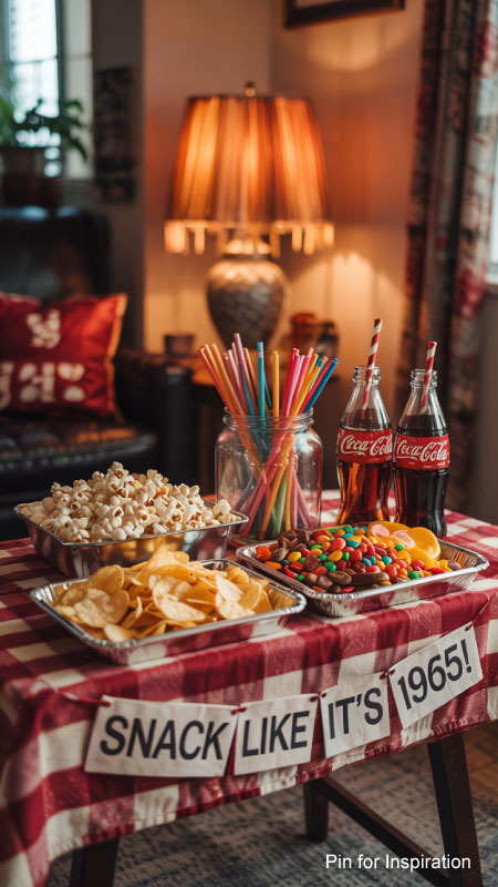 A themed snack station with retro treats and soda bottles A themed snack station with retro treats and soda bottles