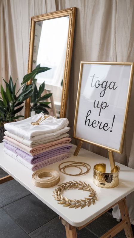 DIY toga outfit station with baskets of fabric, laurel wreaths, gold ribbons, and a “Toga Up Here” sign beside a mirror.