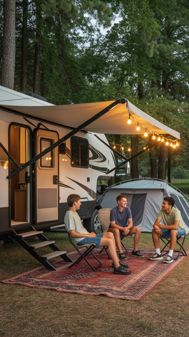 Family glamping ideas with RV and tent setup for kids and teens at a cozy campsite with outdoor seating and string lights