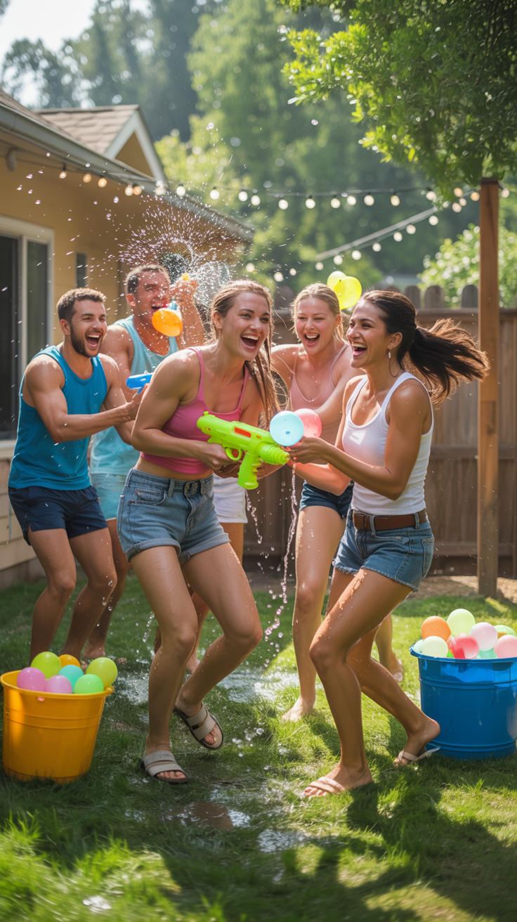 Adult summer party ideas with a backyard water wars party using water balloons and water guns