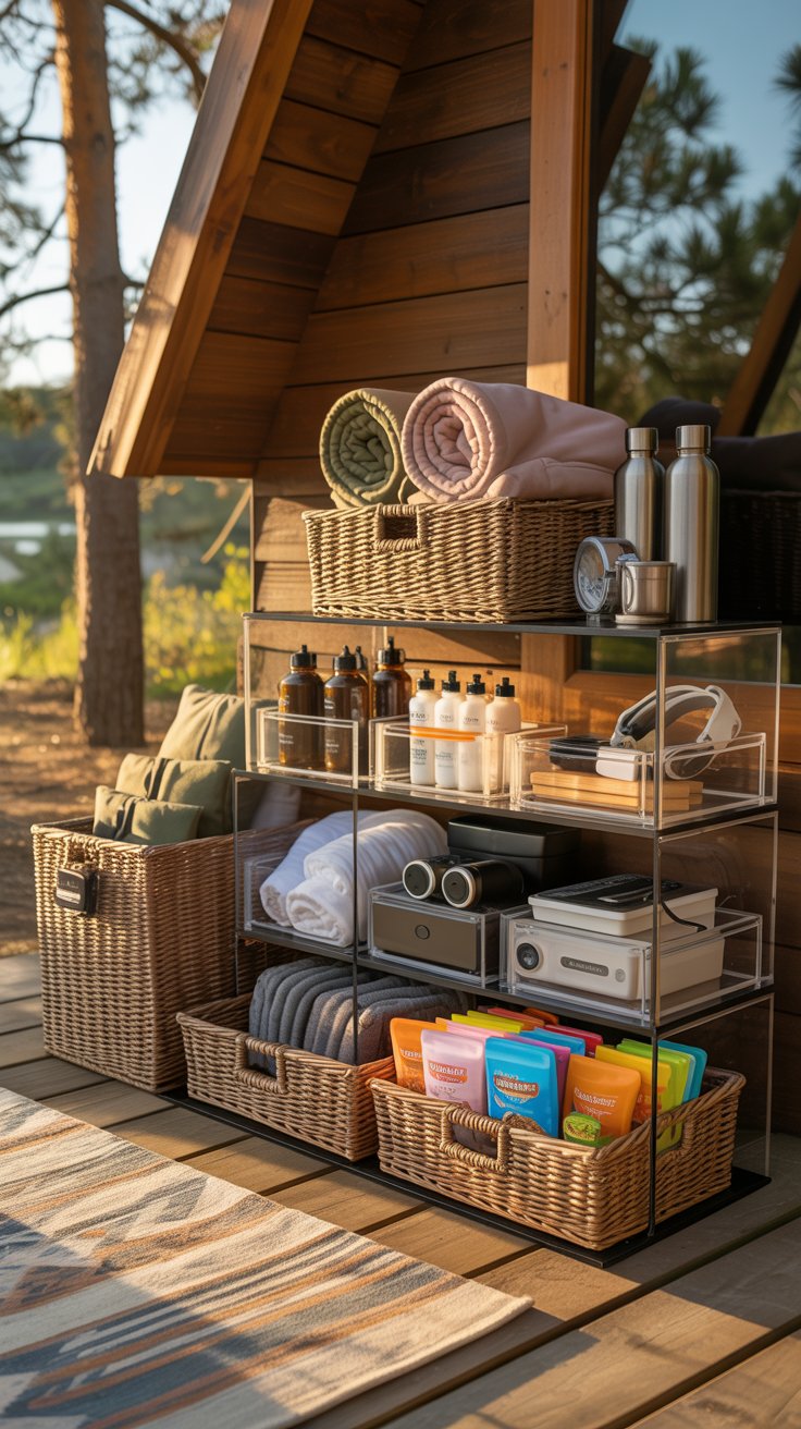 Family glamping ideas comfort station with organized toiletries, blankets, electronics, towels, and essentials outside a luxury cabin