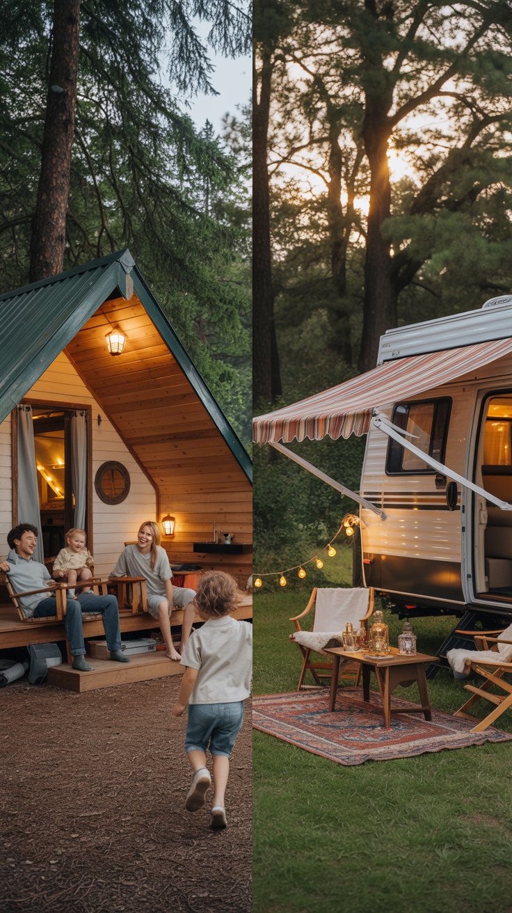 Family glamping ideas comparing cabin vs RV camping setups with cozy outdoor seating and lighting