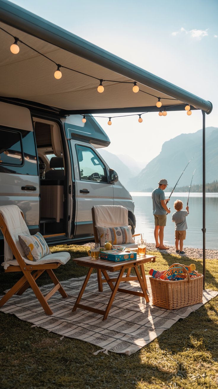 Family glamping ideas with Class C RV setup, outdoor rug, chairs, string lights, and father and son fishing by the lake