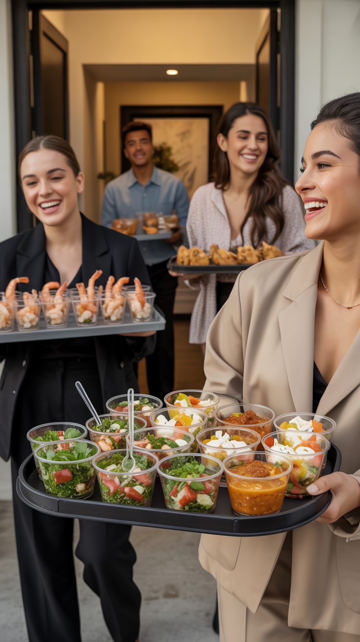 Adult summer party ideas featuring a shot-cuterie display with mini food cups and appetizers
