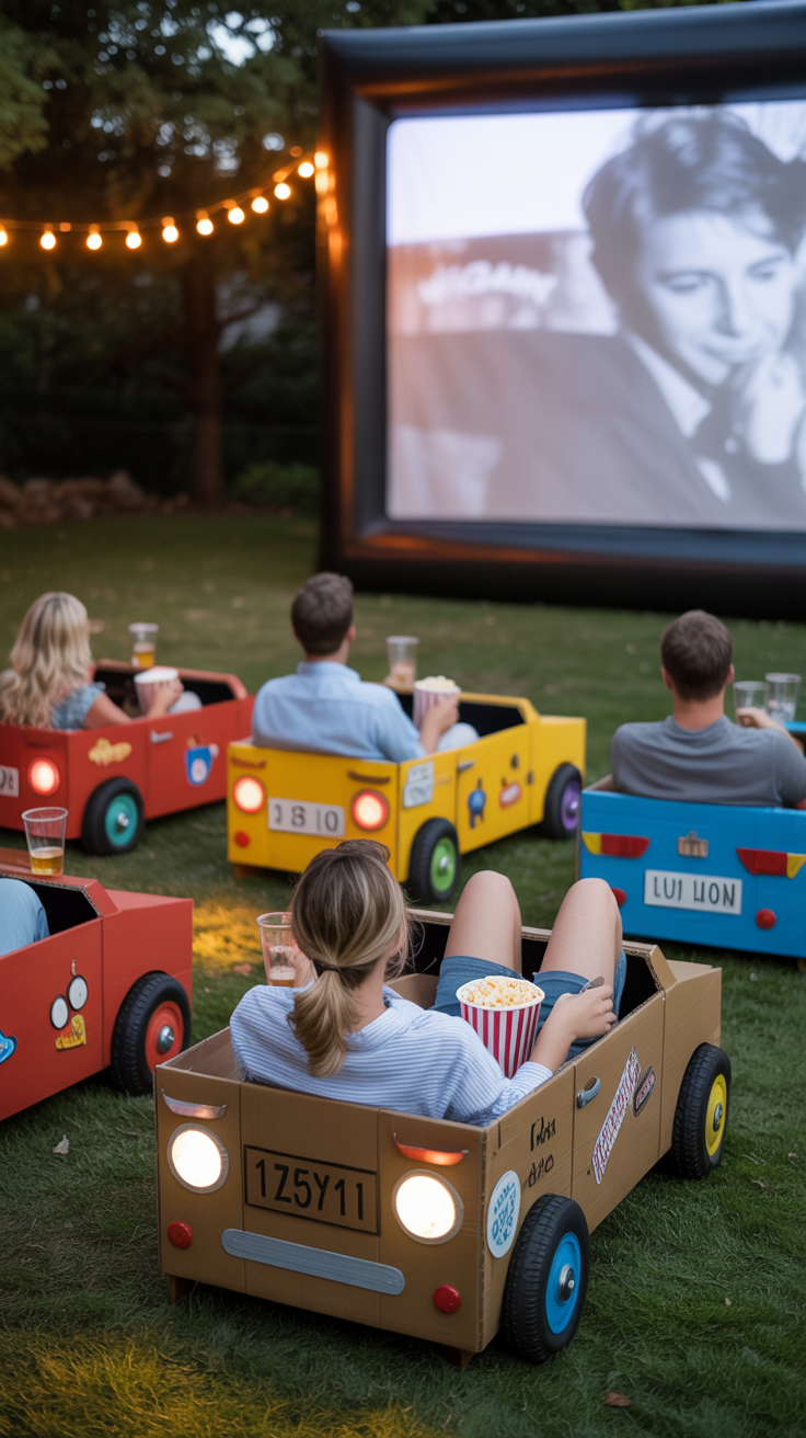 Adult summer party ideas with a backyard DIY drive-in movie setup using cardboard cars