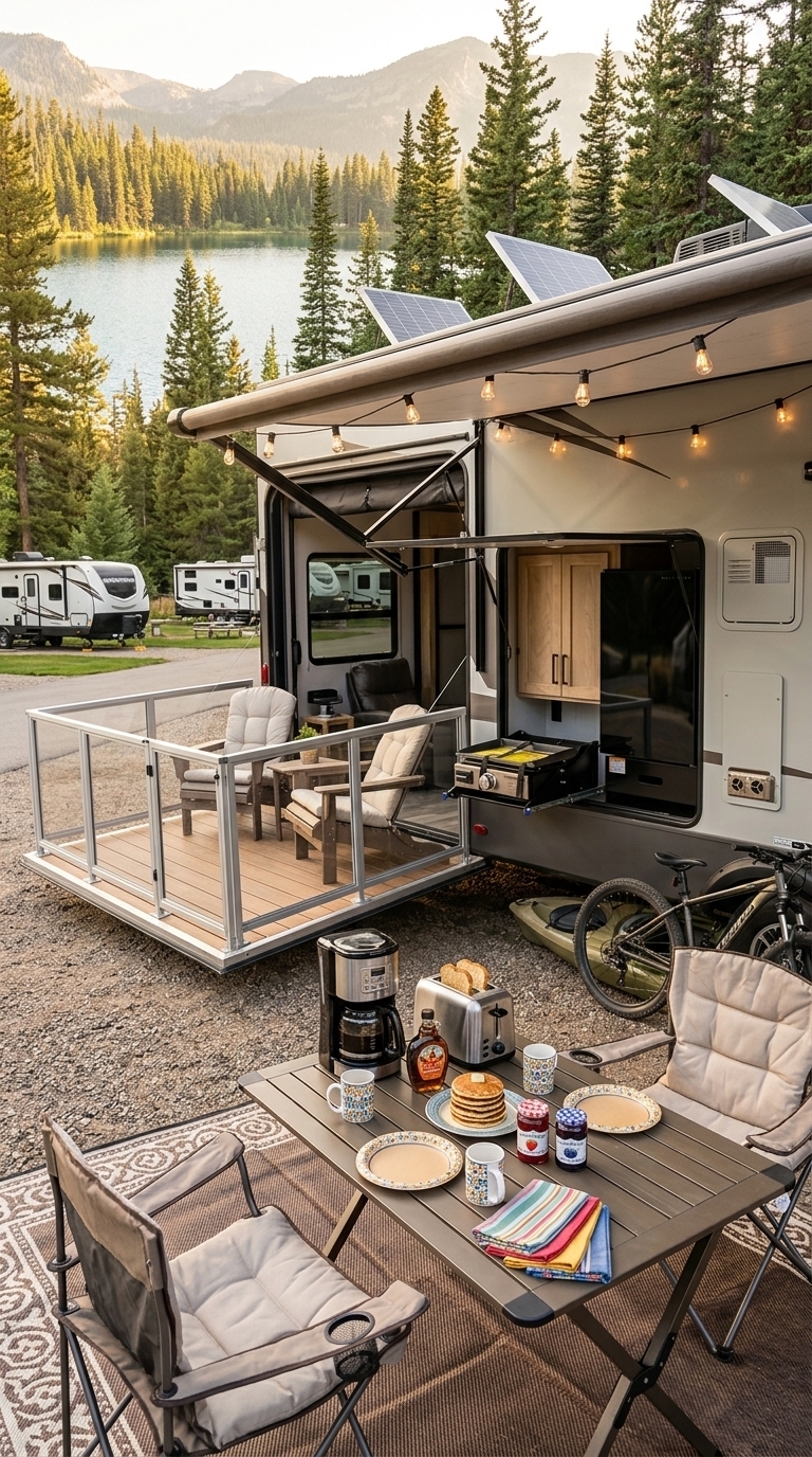 Family glamping ideas with luxury toy hauler RV, outdoor kitchen, breakfast setup, patio deck, and cozy campsite dining area