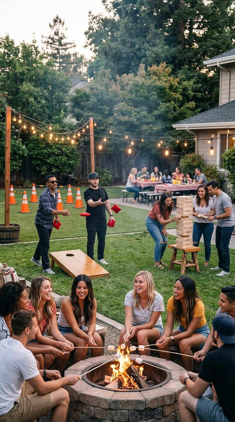 Adult summer party ideas with a backyard summer camp theme including fire pit and outdoor games