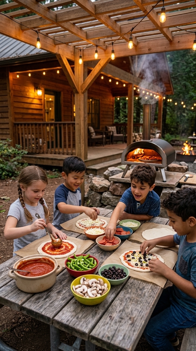 Family glamping ideas with kids making DIY pizzas outdoors at a cozy cabin using fresh toppings and a pizza oven