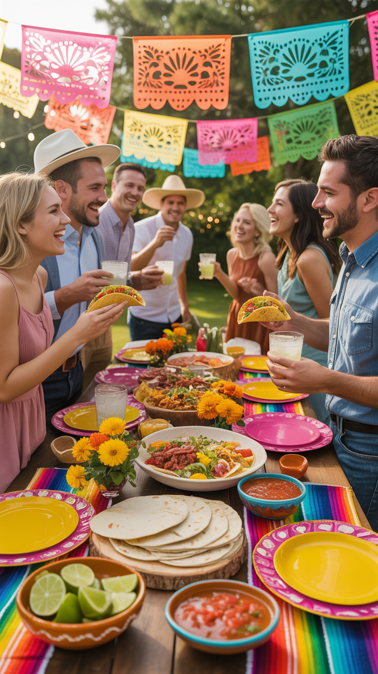Adult summer party ideas with a colorful backyard fiesta including tacos and margaritas