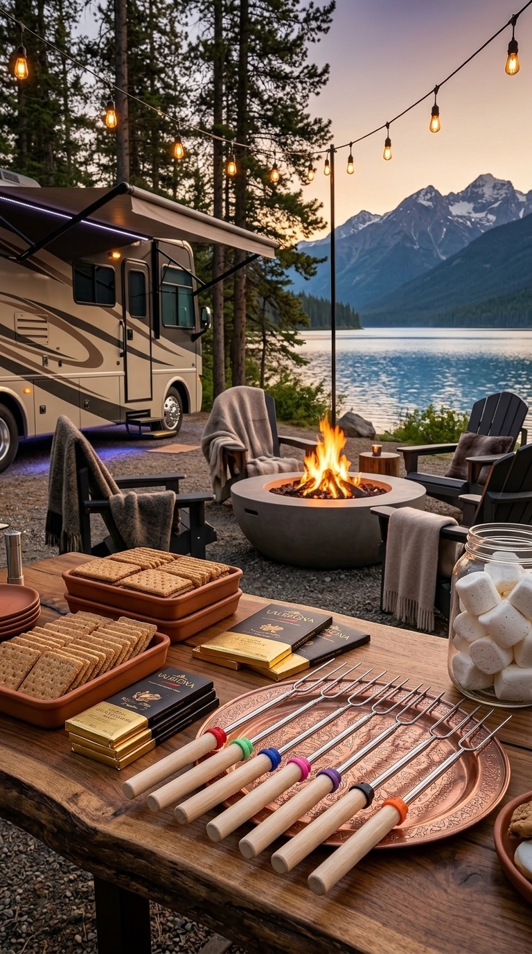 Family glamping ideas with luxury RV campsite, cozy firepit seating, and upscale DIY s’mores station by the lake