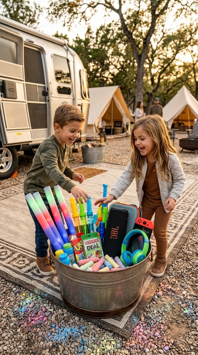 Family glamping ideas with kids activity bucket filled with games, glow sticks, bubbles, headphones, and outdoor fun near an RV campsite