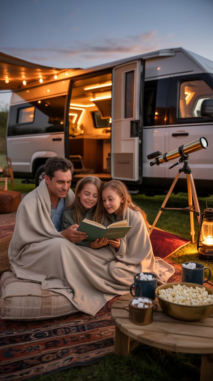 Family glamping ideas with cozy RV evening setup, telescope, popcorn, blankets, and family reading together under string lights