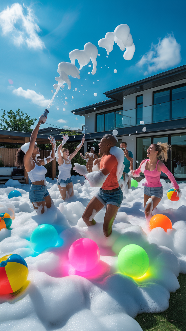 Adult summer party ideas with a backyard foam party filled with bubbles and music