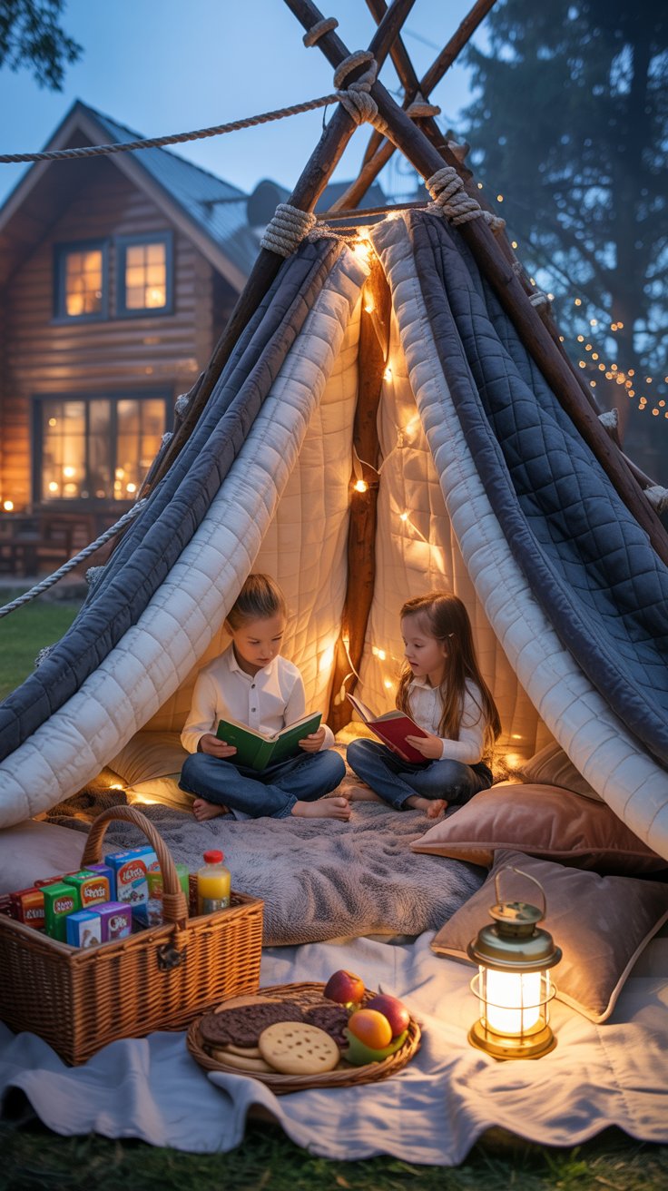 Family glamping ideas with cozy DIY storytime blanket fort, soft lighting, books, snacks, and children reading outside a luxury cabin