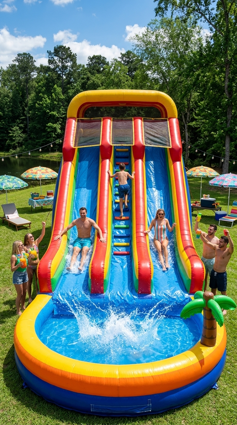 Adult summer party ideas with a backyard inflatable water slide and summer fun