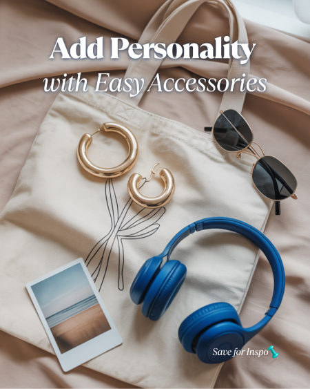 Flat lay of chunky gold hoop earrings, canvas tote bag, over-ear blue headphones, and oval sunglasses on a soft beige fabric background. Flat lay of chunky gold hoop earrings, canvas tote bag, over-ear blue headphones, and oval sunglasses on a soft beige fabric background.