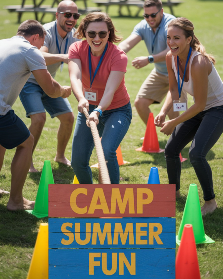 Adults gathered around a bonfire with string lights overhead, roasting marshmallows and playing lawn games at a nostalgic summer camp-themed party. Adults gathered around a bonfire with string lights overhead, roasting marshmallows and playing lawn games at a nostalgic summer camp-themed party.
