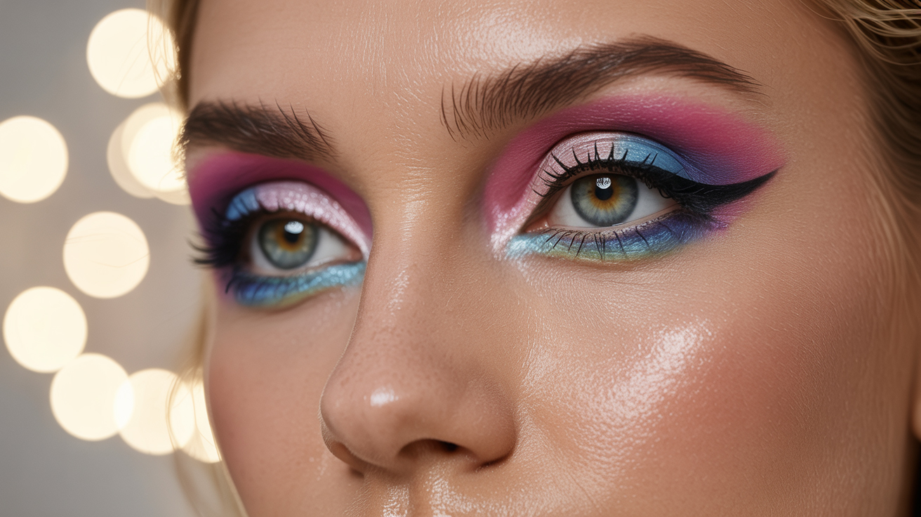 Wide close-up of both eyes with pink, purple, and blue aura eyeshadow, glowing skin, and extended eyeliner wings.