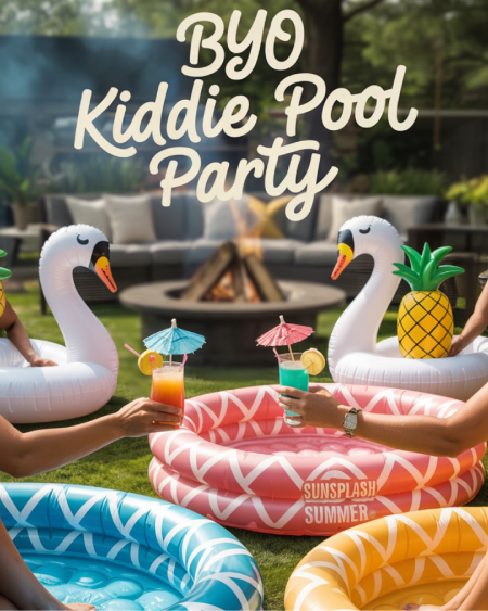 Multiple kiddie pools scattered across a sunny yard, each guest lounging in their own pool with sunglasses, drinks, and inflatable floats. Multiple kiddie pools scattered across a sunny yard, each guest lounging in their own pool with sunglasses, drinks, and inflatable floats.