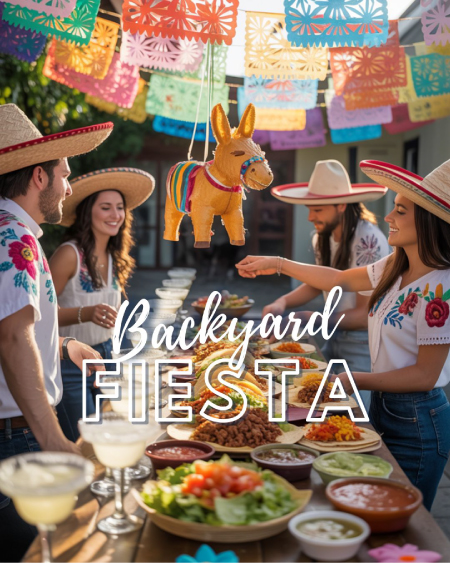 A colorful backyard setup with papel picado banners, a taco bar, margarita station, and guests in festive summer outfits enjoying a fiesta-themed party. A colorful backyard setup with papel picado banners, a taco bar, margarita station, and guests in festive summer outfits enjoying a fiesta-themed party.