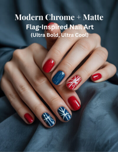 Nails with red chrome polish, matte navy accents, and abstract flag-inspired white lines